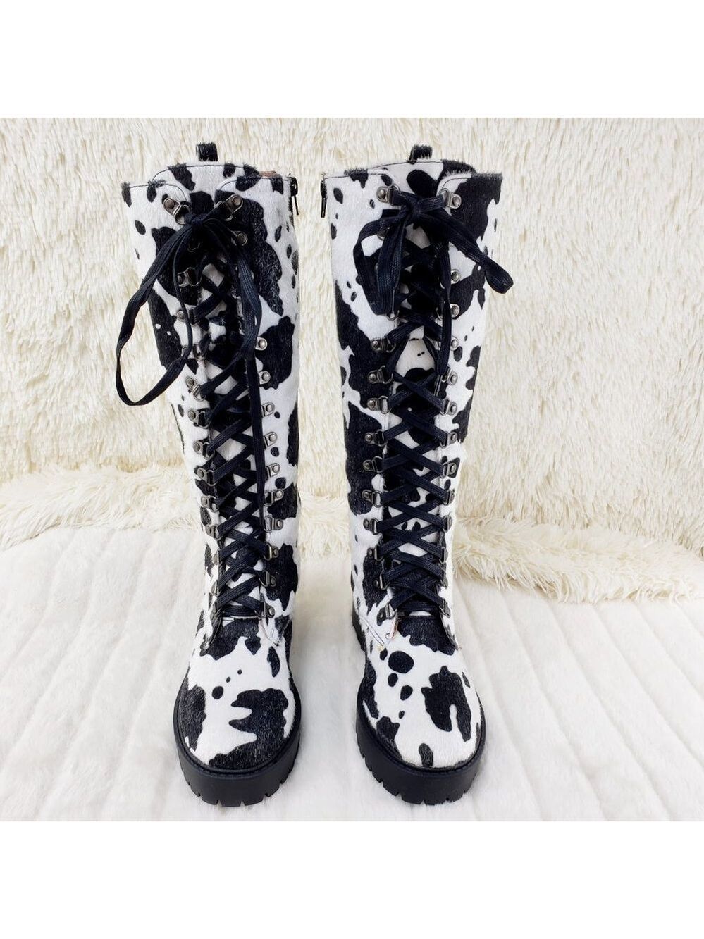 Savage Cow Combat Lace Up Knee Boots Faux Cow Print Brand New - Picture 12 of 16